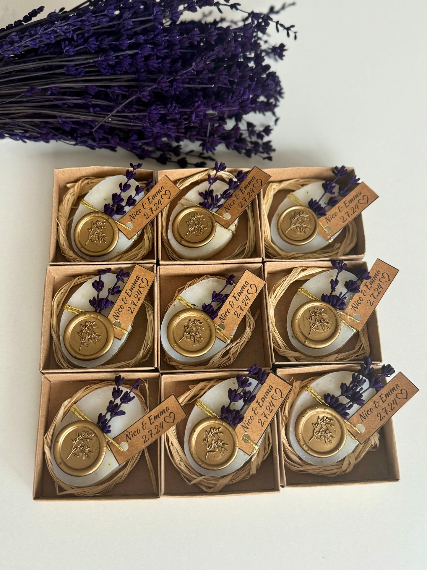 Lavender wedding soap favors with gold seal