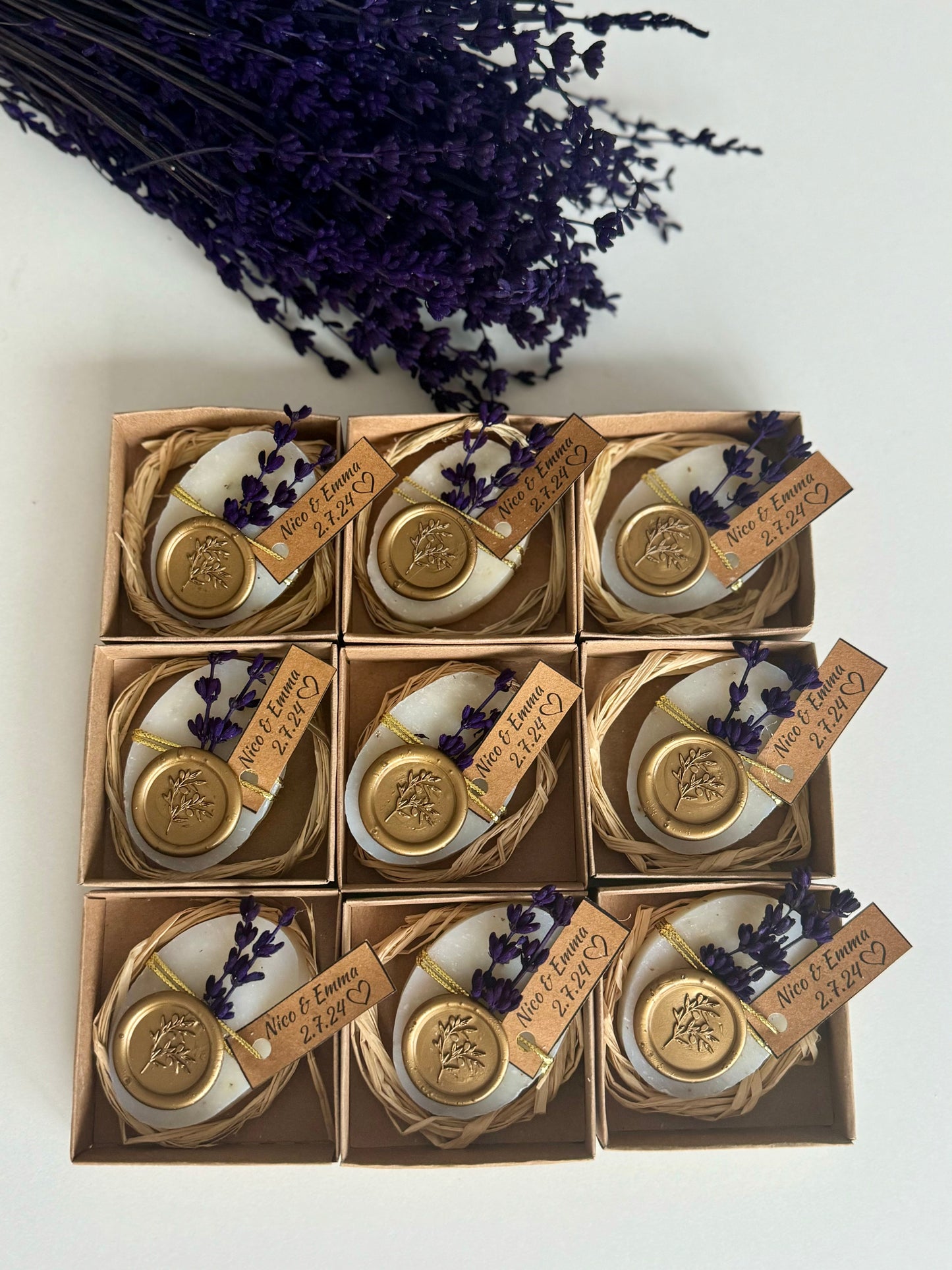 Lavender wedding soap favors with gold seal