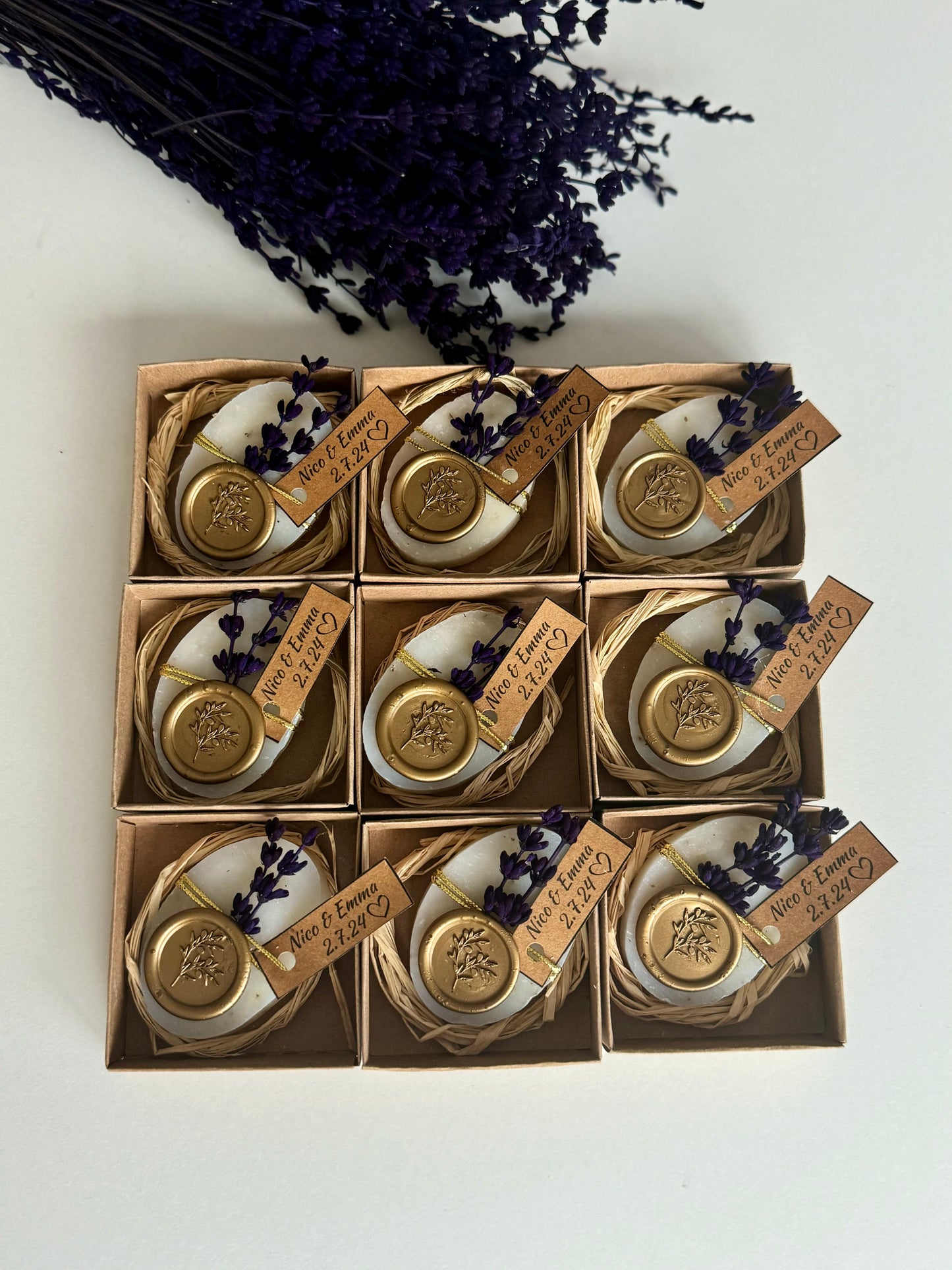 Lavender wedding soap favors with gold seal