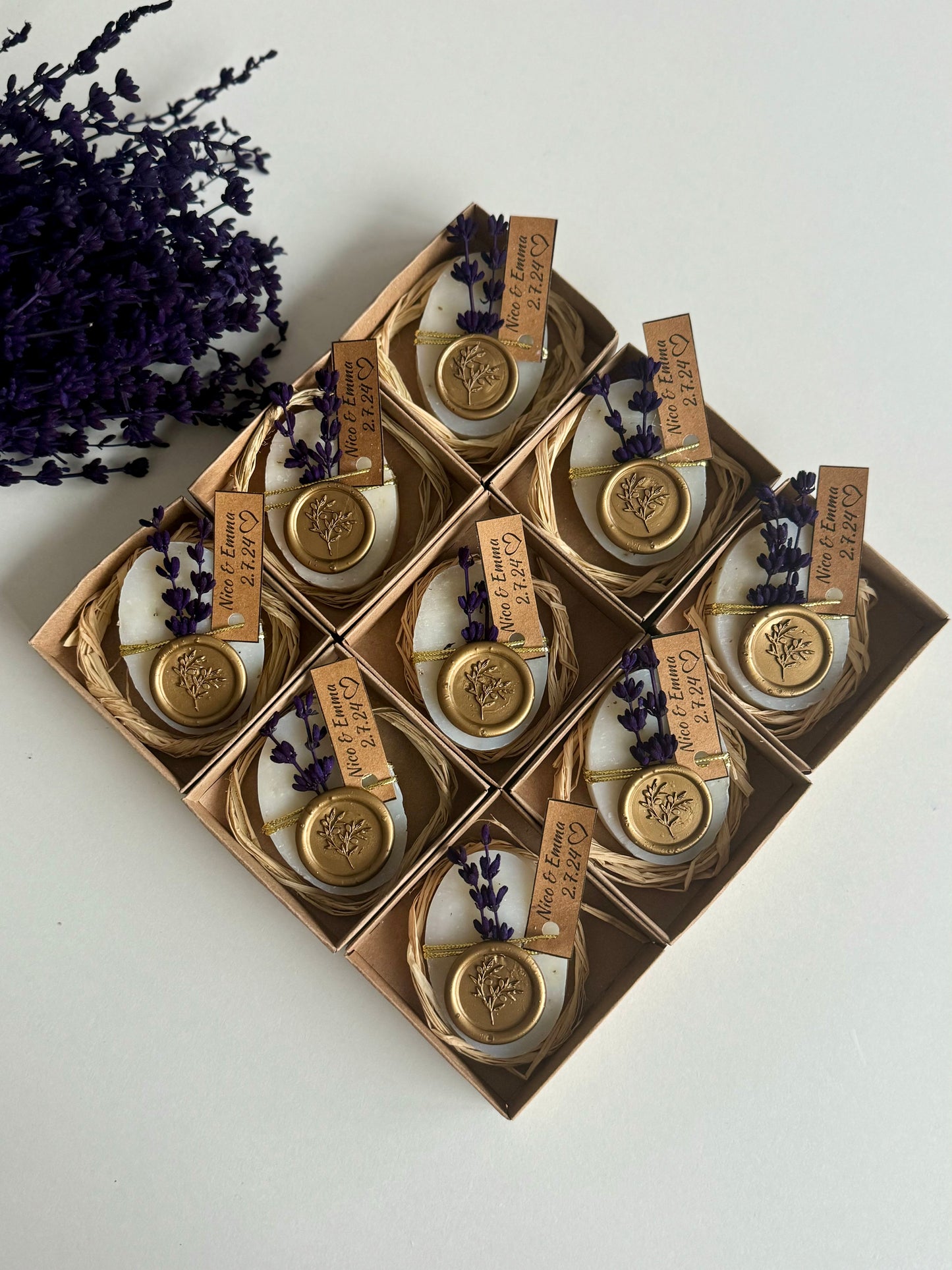 Lavender wedding soap favors with gold seal