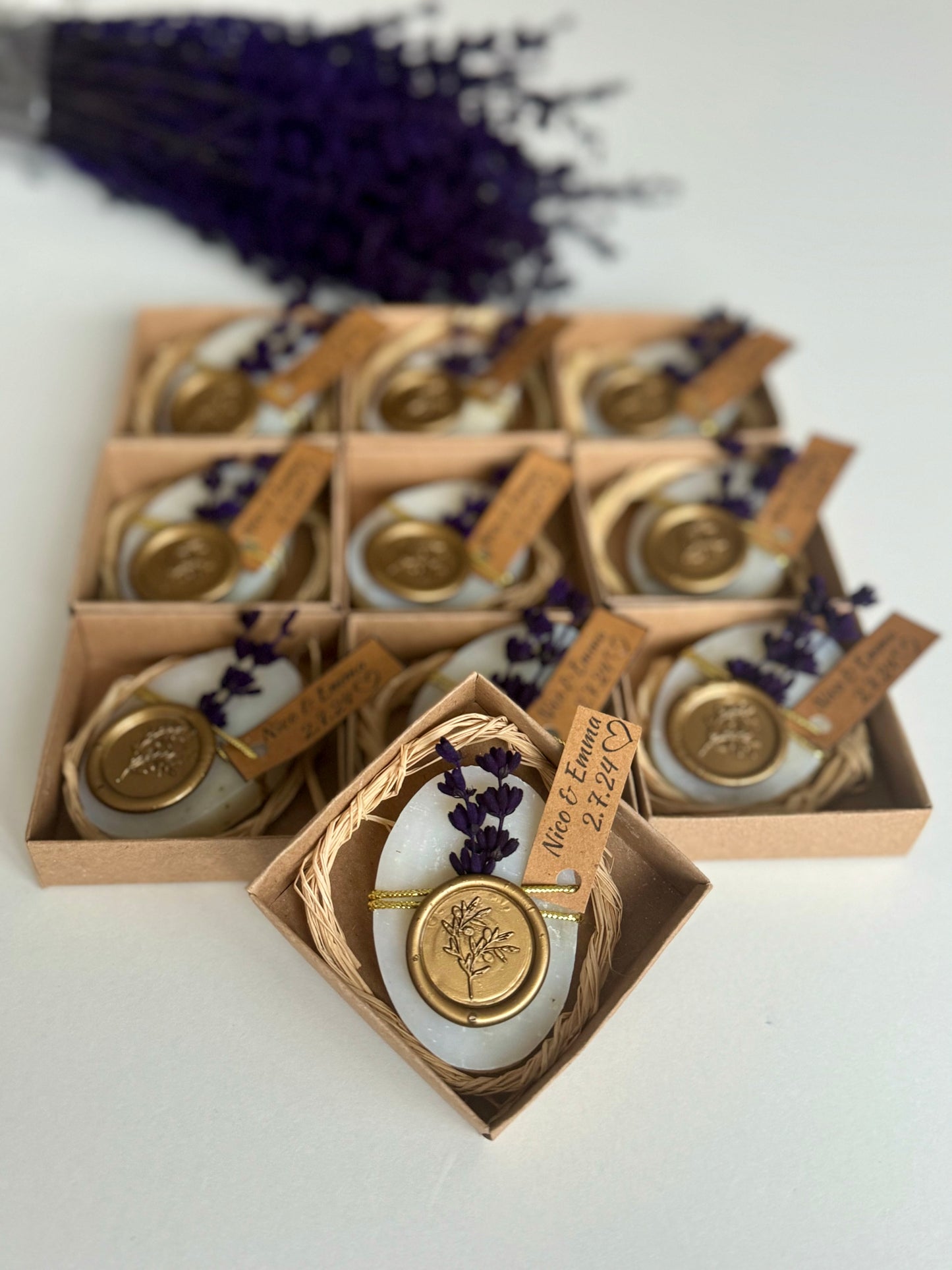 Lavender wedding soap favors with gold seal