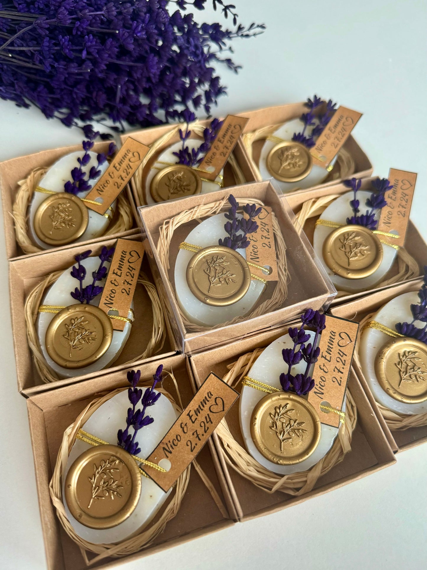 Lavender wedding soap favors with gold seal