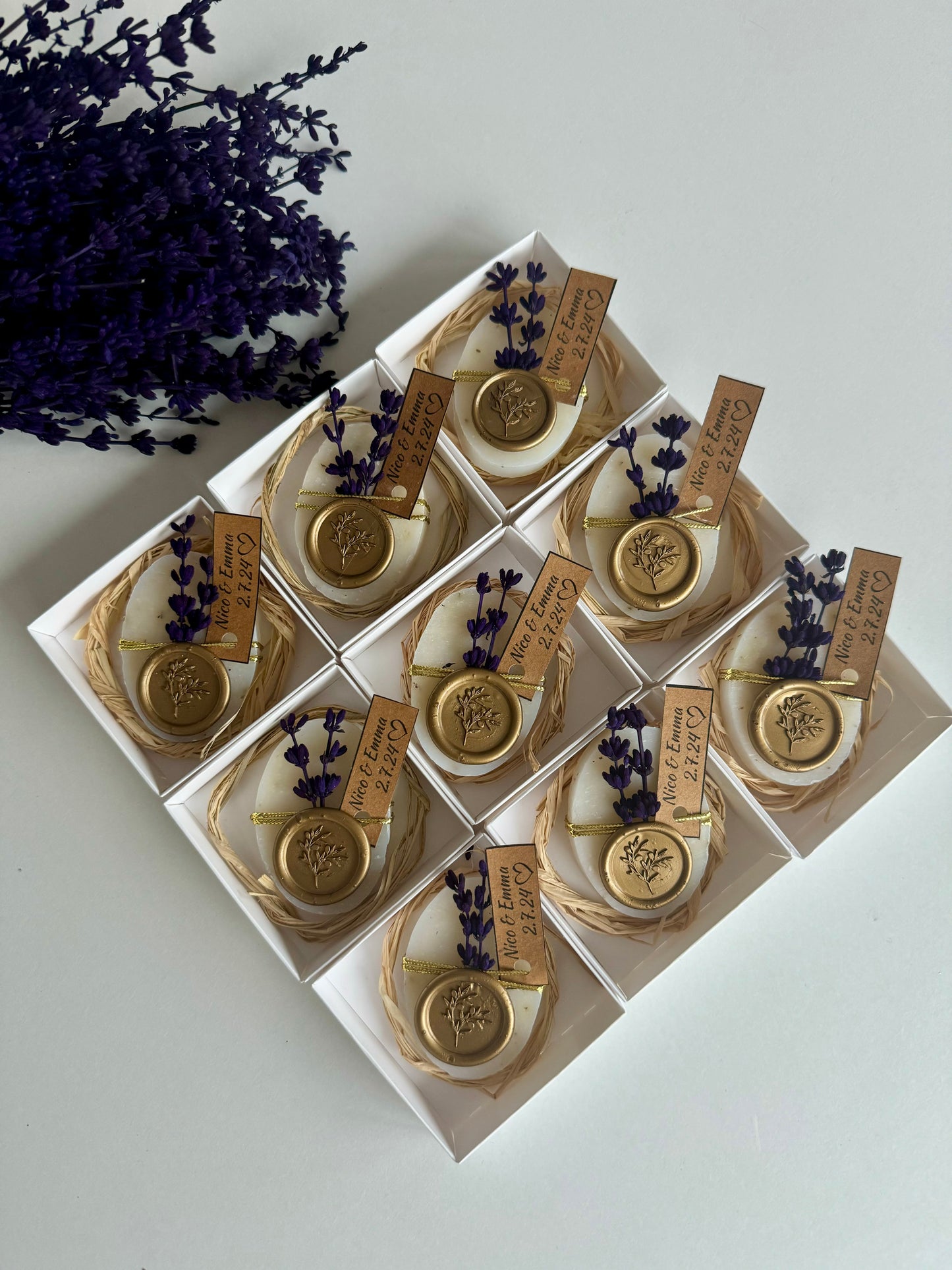 Lavender wedding soap favors with gold seal