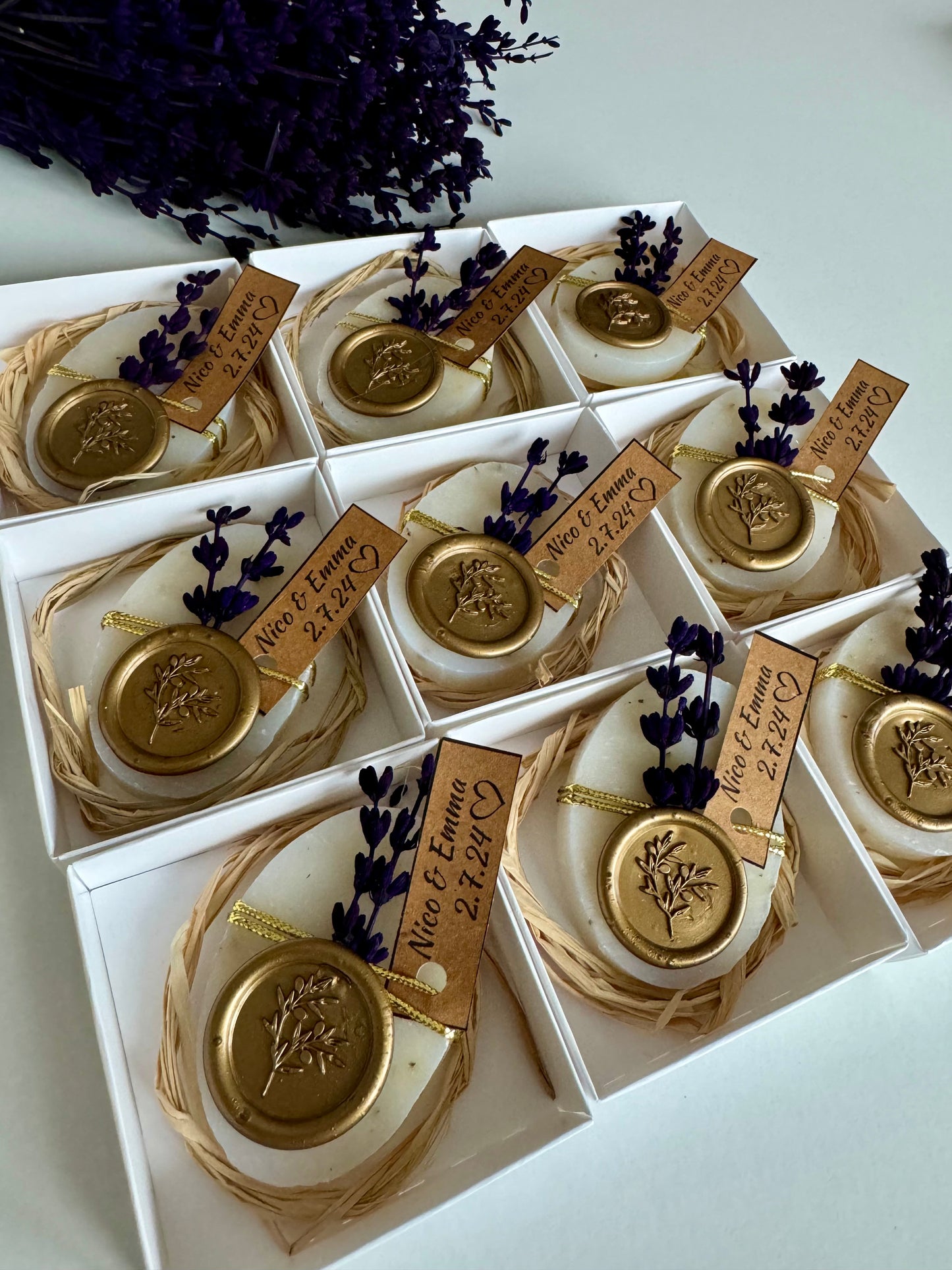 Lavender wedding soap favors with gold seal