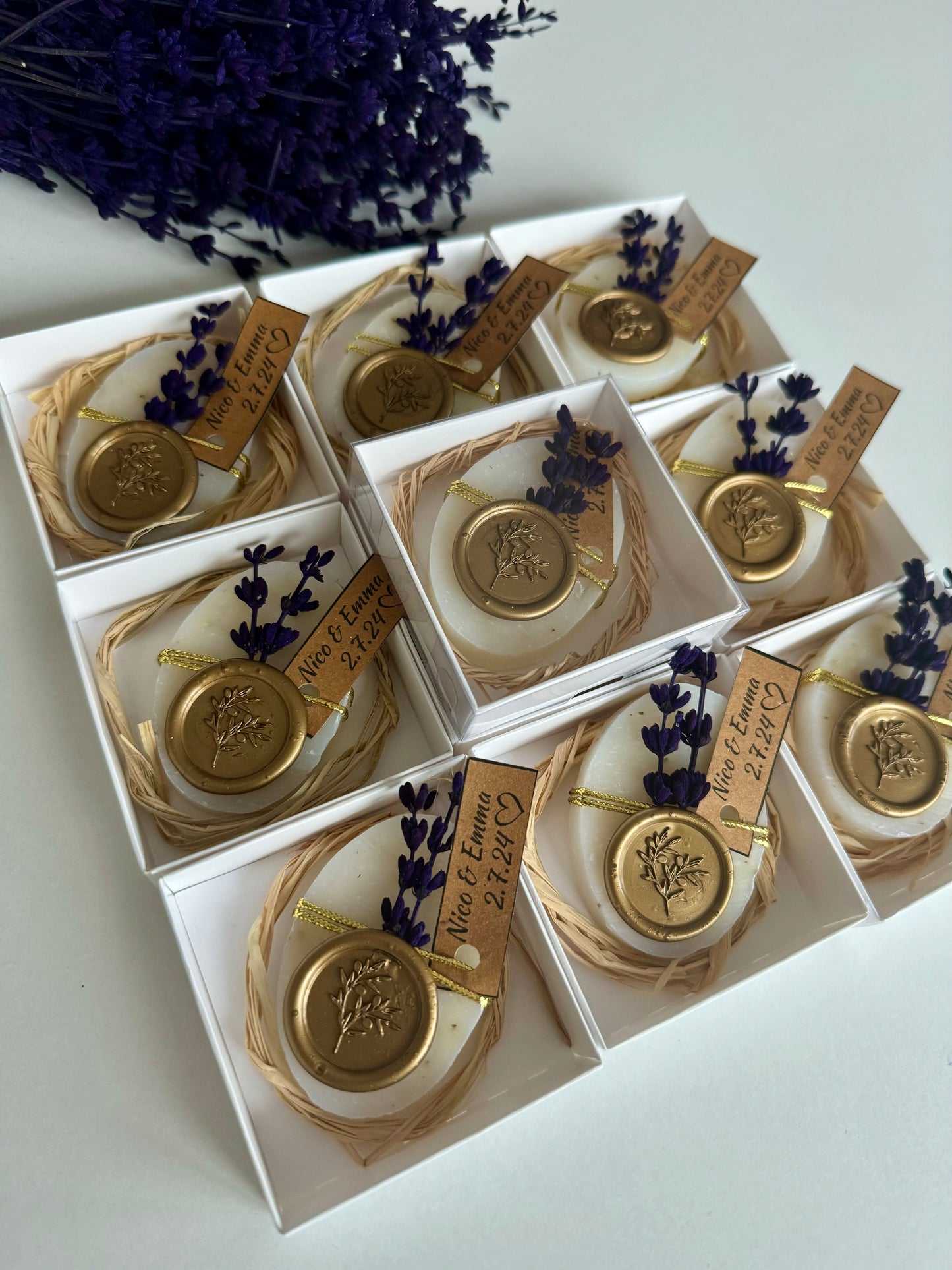 Lavender wedding soap favors with gold seal